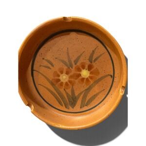 Vintage 1970s Ashtray Hand Painted Floral Stoneware Boho Trinket Dish Decor